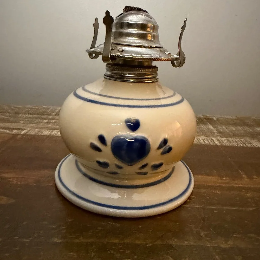 Vintage Lamplight Farms Oil Lamp Base Blue Heart Ceramic Farmhouse Cottagecore
